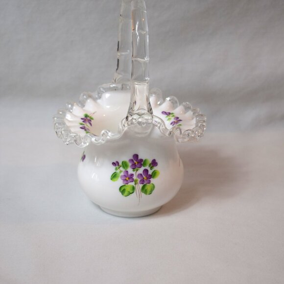 Vintage Fenton Silver Crest Milk Glass Basket Hand Painted  Violets In The Snow - Picture 2 of 7
